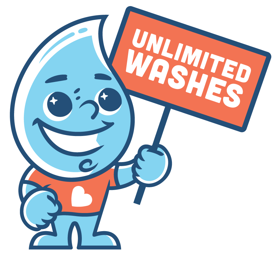 Kind mascot holding Unlimited Washes sign